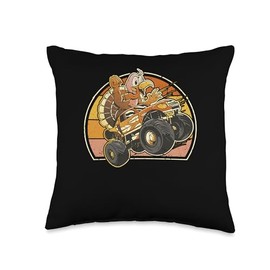 Pilgrim Costume Thanksgiving Shirt Turkey Meat Thanksgiving Day Dinner Turkey Riding Monster Truck Pilgrim Throw Pillow, 16x16, Multicolor