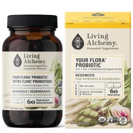 Living Alchemy Gut Health Supplements - Your Flora Probiotic Regenesis with Fermented Soybean, Artichoke, Chicory, Prebiotics, Digestive Enzyme, & Probiotics for Men & Women - Vegan, Non-GMO - Living Alchemy, 60 Pcs