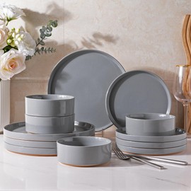 AmorArc Ceramic Dinnerware Set for 4 | Speckled Stoneware Plates and Bowls with unglazed terracotta | Scratch Resistant, Dishwasher & Microwave Safe Dishes Sets- 12-Pcs Gray