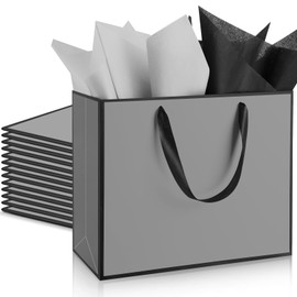 ReliThick 12 Pack Metallic Paper Gift Bag with Handle and Tissue 11.8 x 10 x 4'' Thank You Favor Bag for Wedding Bridal Shower Fall Party Groomsmen Birthday Party Baby Shower(Gray, Black)