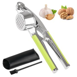 Deepton Knoblauchpresse, 2 In 1 Multifunktional Garlic Press, Knoblauchpressen Edelstahl, Knoblauchschneider Mit Schälhilfe Und Bürste, Knoblauchpresse Spülmaschinenfest Für Knoblauch Nussbaum