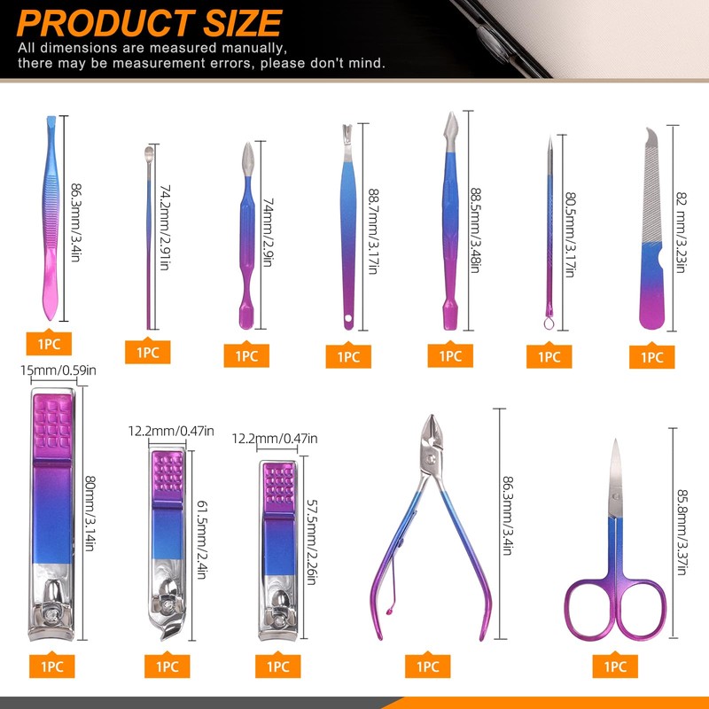 Rustark 12Pcs Rainbow Manicure Pedicure Kit Professional Stainless Steel Nail
