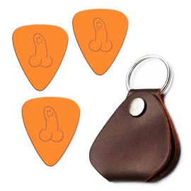 Pack of 3 DickPick Guitar Picks with Genuine Leather Plectrum Holder Keyring - Orange - Etched Design