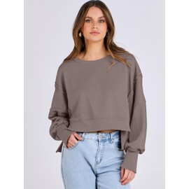 ANRABESS Womens Cropped Sweatshirts Oversized Crewneck Long Sleeve Tops 2025 Fall Winter Loose Pullover Teen Girls Clothes Brown Small