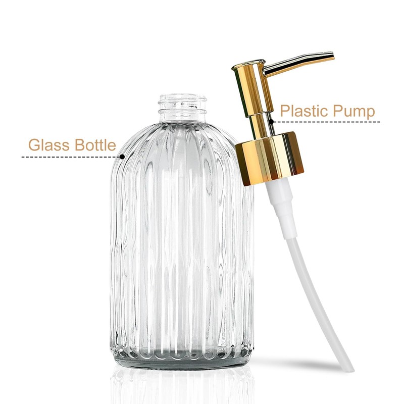 14 Oz Stripe Clear Glass Soap Dispenser with Gold Plastic