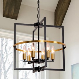 JHLBYL Black and Gold Chandelier: 6-Light Geometric with Reinforced Center Ring - Farmhouse Pendant Light Adjustable Hanging for Dining Room Kitchen Island Entryway - E12 Base