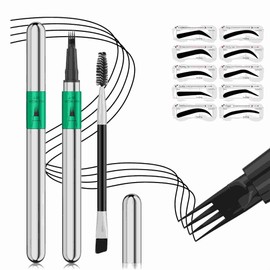 4 Fork Tip Eyebrow Pen - Waterproof Brow Pencil with Ultra-Fine Tips, Smudge-Proof & Sweatproof, Natural Hair-Like Strokes, Beginner-friendly(Includes Eyebrow Stencils & Brush) (Black)