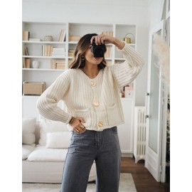 Flygo Cropped Cardigan Sweaters for Women Long Sleeve Cable Knit Cardigan Open Front Chunky Cardigan Sweaters with Pockets(Beige-L)