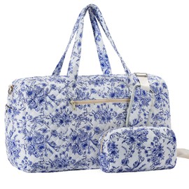 Blue and White Porcelain Style Travel Duffle Bag, Weekender Overnight Quilted Duffle Bag for Women, Large Capacity Duffel Bag with Shoe Compartment, Gym Tote Bags with Dry and Wet Separation (2 Pcs)