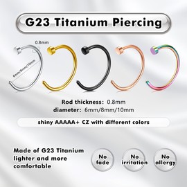 ESHIONER G23 Titanium Fake Nose Piercing Nose Ring Septum Fake Nose Piercing Hoop Set Cartilage Thin Small Helix Hypoallergenic 18G 20G 6 mm / 8 mm / 10 mm Black Gold Silver 3 Pieces Fake Nose