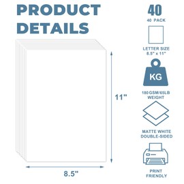40 Sheets White Cardstock Paper 8.5" x 11", 65 lb/180 GSM White Card Stock Printer Paper for Cards Making, Office Printing, Cards for Wedding, Invitation, Business, Menus, Certificate, White