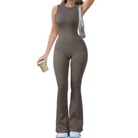 OQQ Women Yoga Jumpsuits Ribbed Crew Neck Sleeveless Bell Bottoms Flare Jumpsuits Tea leaf