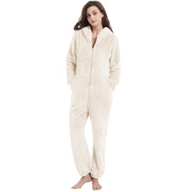 Kissonic Womens Onesie Pajamas Fleece Hooded Comfy One Piece Romper Fuzzy Sleepwear Homewear(Beige-M)