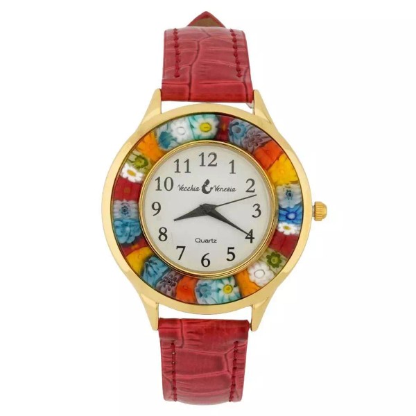 Murano GlassOfVenice Serena Murano Millefiori Watch With Leather Band -