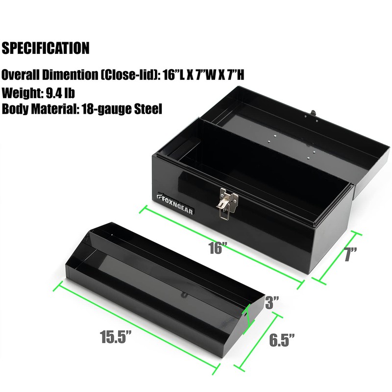 HantekSteel 16" Portable Steel Heavy-duty Tool Box 18-Gauge with Metal