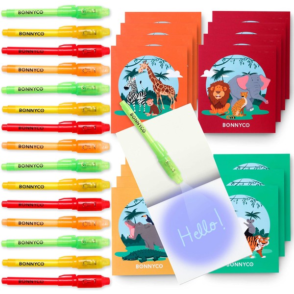 BONNYCO Invisible Pen and Notebook, 16 Pieces Jungle Animals, Pinata Toys | End Party Gifts Birthday Baby | Magic Pens