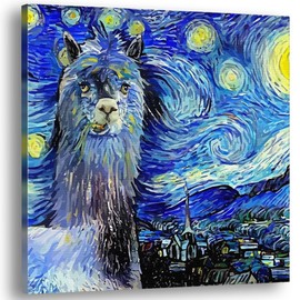 Abstract Llama Alpaca Canvas Wall Art & Llama Nursery Decor For Kids Room | Unique Van Gogh Style & Aesthetic Alpaca Llama-Themed Picture Wall Art Gift For Nursery, Playroom, Bedroom, Living Room, Kitchen, Family Bathroom, Home Office | Blue Alpaca Llama