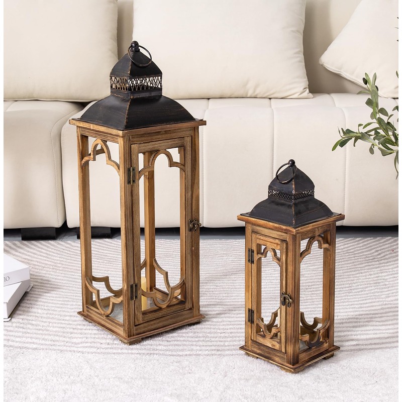Large Farmhouse Decorative Wooden Lantern Set of 2, Rustic Brown