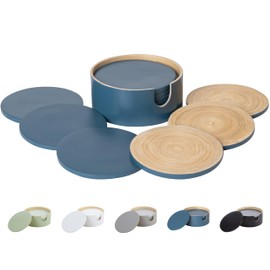 HABITAAS Spun Bamboo Coasters for Drinks - Coaster Set with Bamboo Wood Coasters and Coaster Holder. Modern Coasters for Coffee Table (Blue)