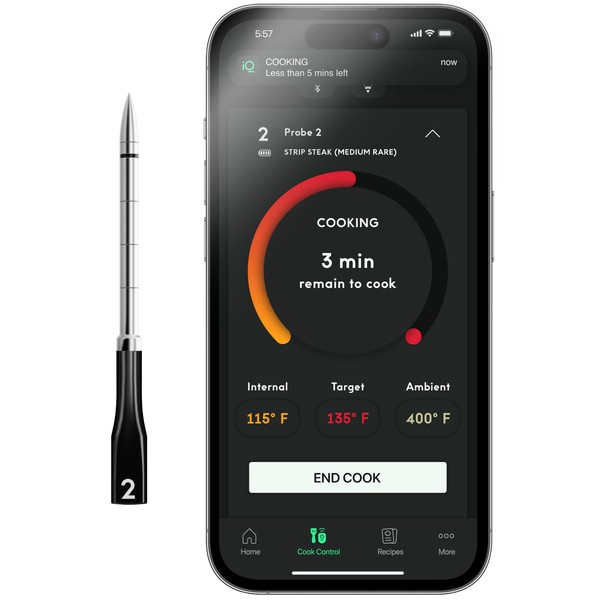 CHEF iQ Smart Thermometer Extra Probe No. 2, Bluetooth/WiFi Enabled, Allows Monitoring of Two Foods at Once, for Grill, Oven, Smoker, Air Fryer, Stove, Must Be Used with Smart Hub (Sold Separately)