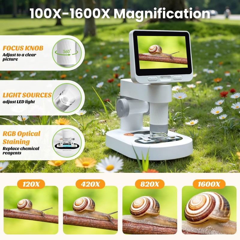 Digital Microscope for Kids, 100x-1600x Portable Microscope with 8 Adjustable