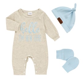 ZOELNIC Newborn Romper Baby Boy Cotton Jumpsuit New Baby Hat Gloves Romper Coming Home Clothes Outfits (Oat, 0-3 Months)