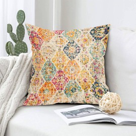 Orange Teal Hot Pink Vintage Bohemian Pillow Covers 18X18 Inch Yellow Beige Boho Flower Rug Carpet Pillow Cases Set of 2 Antique Tapestry Rustic Retro Farmhouse Throw Pillows For Cushion Couch Outdoor