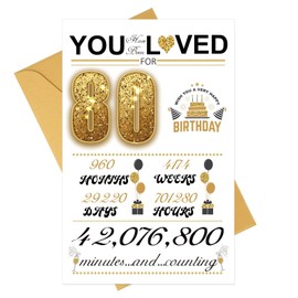 AIQIUQIU 80th Birthday Card for Men Women, Funny Greeting Card with Several Important Time (Years/Months/Weeks/Days/Hours/Minutes), Party Decor Supply Ideas Birthday Card for Him or Her, Gold