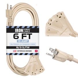 Iron Forge Cable Beige Outdoor Extension Cord 6 ft - 3 Outlet 16 Gauge 13 Amp Heavy Duty Power Extension Cords with Multiple Outlet SJTW for Indoor & Outdoor Lights Decoration, Landscaping & Deck