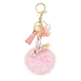 SELOVO Fluffy Ball Initial Keychain Letter W Pink Keyring for Young Women