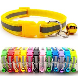 Doggie Style Store Small Dog Puppy Pet Collar Reflective Hi-Vis Strip with Bell Nylon Adjustable Size 19-32cm Yellow