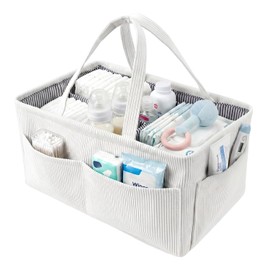 Baby Nappy Caddy Organiser, Portable Nursery Storage Basket with Handle and Detachable Compartments, Newborn Essentials Baby Basket Shower Gifts for Boys Girls(Off-white)