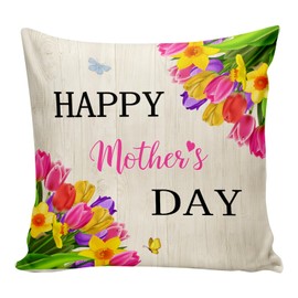 Happy Mother's Day Throw Pillow Cover，Tulip Flowers Love Mom Pillow Covers Farmhouse Decorative Cushion Case Sofa Pillow Case 18x18 Inch