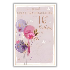 Great Granddaughter 16th Birthday Card - Age 16 - Balloons and Butterflies - Artistic Floral Design - Special Finishes and Illustrated Insert Leaf - Made in the UK - Eco-Friendly