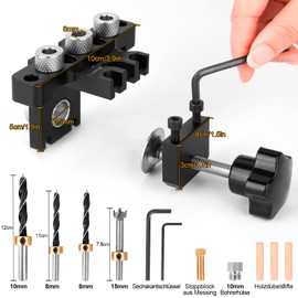 HUALIANG 8/10/15 mm Drilling Template, 3-in-1 Pocket Hole Jig Kit, Dowel Aid Pocket Hole Wooden Dowel, Drilling Gauge with Positioning Clip, Adjustable Puncher