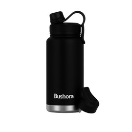 Bushora Insulated Water Bottle 32oz – Stainless Steel Sports Bottle with Optional Lids, Leakproof, BPA-Free, for Gym,Outdoor (Black)