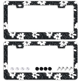 Black and White Flowers License Plate Frames - 2 Pcs Set 2 Holes Stainless Steel Metal Auto Car Accessories Decoration License Plate Frame Cover Size 6.3" x 12.2" Fit US Vehicles for Women Men Gift