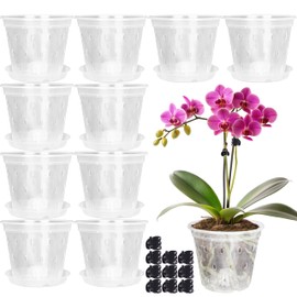 AUGXIXI Orchid Pots, 4.7 Inch 10Pcs Clear Orchid Pots with Holes and Saucers, Plastic Plants Flower Nursery Orchids Drainage Indoor Planter for Planting Repotting