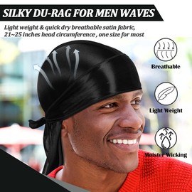 Dumrotite 2 Pieces Silky Men Durag, Pack Durags Do Rags with Long Tail and Wide Straps for Men Women