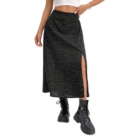 GORGLITTER Women's Long Skirt with Slit Summer Skirt with Polka Dots Maxi Skirt Boho Skirts High Waist Skirt with Elastic Band Casual Skirt, black, L