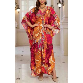 Orshoy Womens Loose Beach Kaftan Dress Bikini Cover Up Maxi Kimono Tunic Swimwear Loungewear Nightdress Summer Orange Red