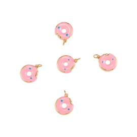 LiQunSweet 5 Pcs Pink Doughnut Enamelled Charm Brass Enamel Charms Mini Sweet Donut Golden Dessert Charm for Jewelry Making - 15x13mm