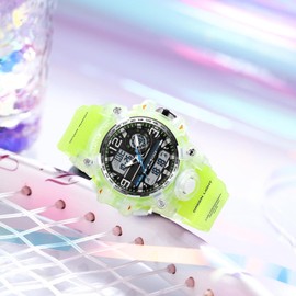 findtime Women's Ladies Digital Sports Watch, Clear Transparent Fluorescent Green Watches for Women with Alarm Hourly Chime Stopwatch Light Up Outdoor Reloj Militar