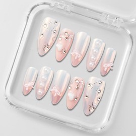 Zfans Almond Shape DreamWear Collection - 100% Handcrafted 3D Press-On Nails | Reusable, Long-Lasting, Salon-Quality Mint Bloom Eco-Friendly Nail Art Set:_Sugar Plum Ballet_m