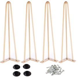 Osring 34 Inch Hairpin Table Legs with 1/2" Dia 3-Rods, Heavy Duty Metal Hairpin Furniture Leg for Coffee Table and Patio Bench, Gold Furniture Feet with Floor Protectors for Home DIY Project, 4 Pack