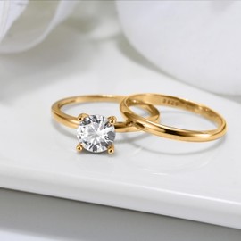 Envy Wedding Ring Set for Women by Ginger Lyne | Solitaire 1.25 Ct Cubic Zirconia 14 Kt Gold over Sterling Silver Engagement Ring Matching 2mm Wedding Band | 4 Prong Bridal Jewelry For Wife