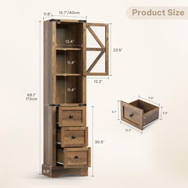 DWVO 68" Storage Cabinet, Farmhouse Bathroom Cabinet with Barn Doors & Adjustable Shelves, with 3 Drawers, Floor Cabinet for Bathroom, Living Room, Antique Brown