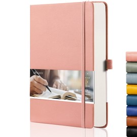 EMSHOI A5 Notebook Dotted Journal 21.4 x 14.5 cm, 256 Pages, 120gsm Thick Paper, 8 Perforated Sheets, Pen Holder, Back Pocket, Hardback Faux Leather Notepad for Women Men Bullet Journaling, Pink