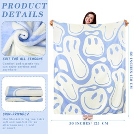 Frienda Preppy Throw Blanket Pink Smile Face Blanket Cute Flannel Soft Blanket Plush Fuzzy Pink Blanket Preppy Bedding Stuff for Dormitory Living Room 50" x 60"(Blue Distort Smile Face)