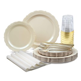 " OCCASIONS " 640 Pieces set (80 Guests)-Vintage Wedding Party Disposable Plastic Plates & cutlery -80 x 10'' + 80 x 7.5'' + Silverware + Cups + Napkins (Verona Plain Ivory)
